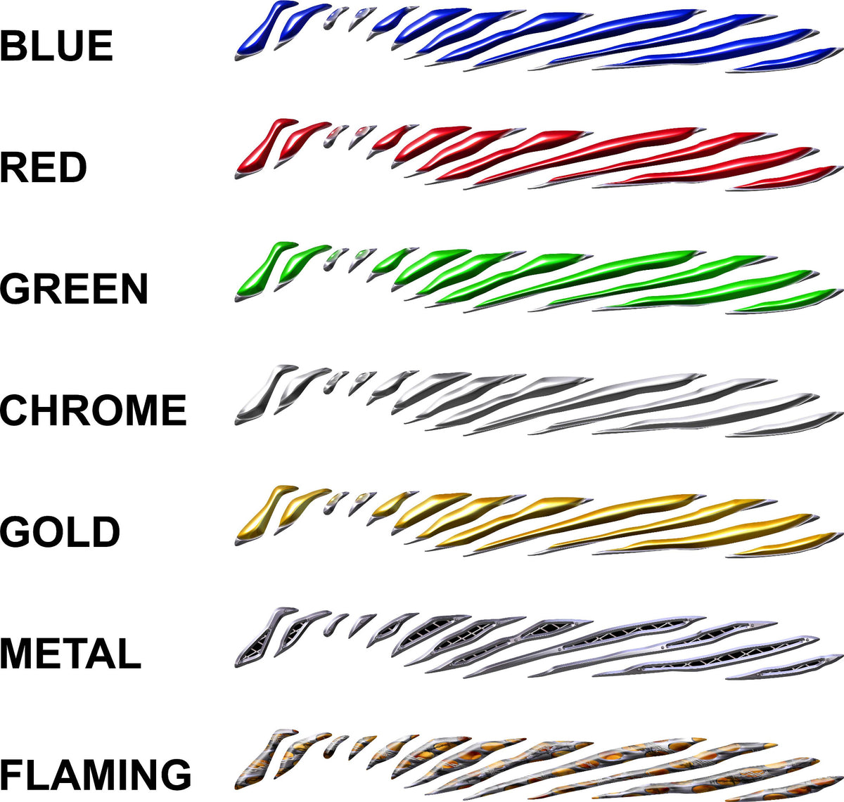 Shard Stripes side decal set available in blue red green chrome gold metal and flaming styles