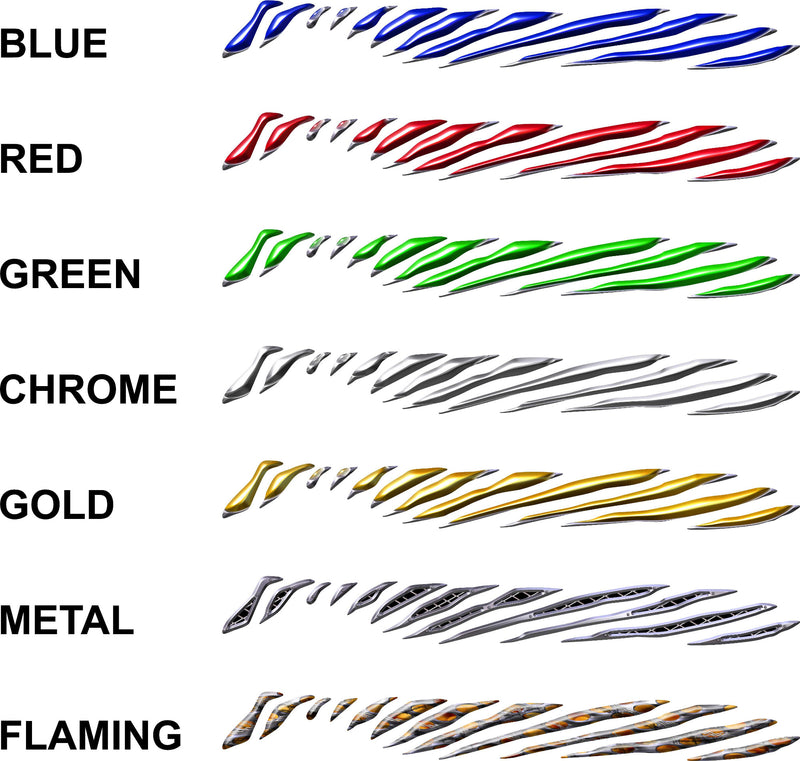Shard Stripes side decal set available in blue red green chrome gold metal and flaming styles