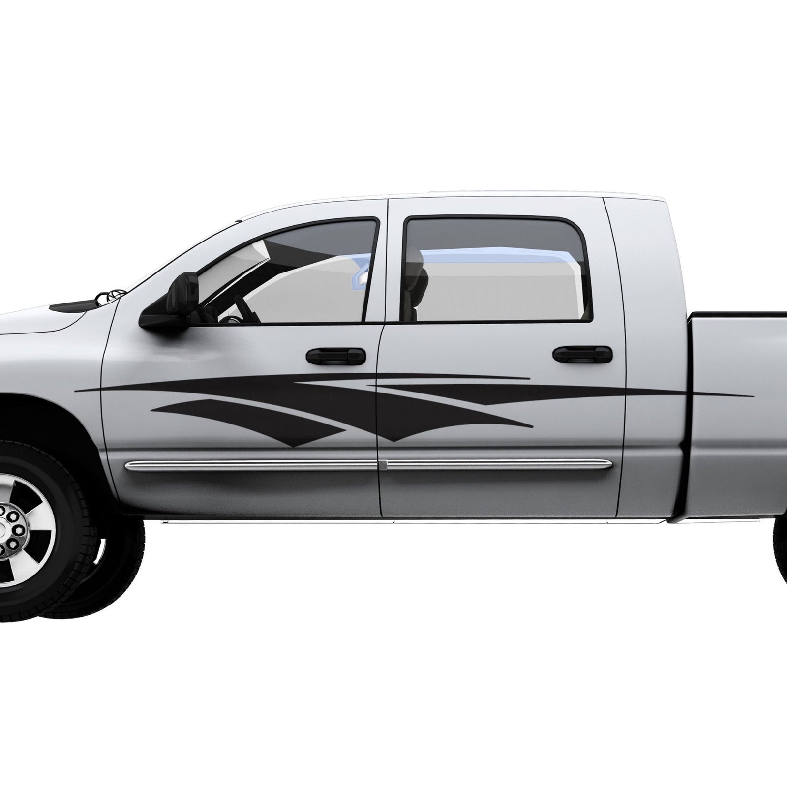 Side view of a white pickup truck with black spear decals on a white background