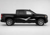Silver Diamond Plate Strike vinyl decal displayed across the passenger-side doors of a black four-door pickup truck.
