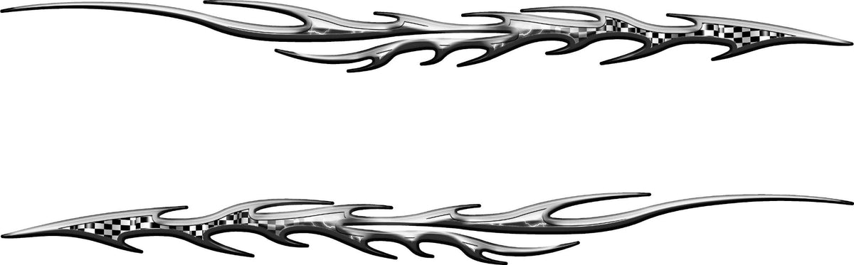 Silver Strike checkered flame side decals shown as a mirrored pair for both sides of vehicle