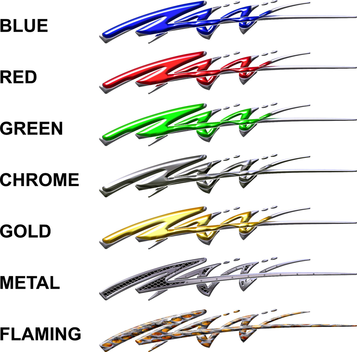 Spear Arc side decal set available in blue red green chrome gold metal and flaming styles