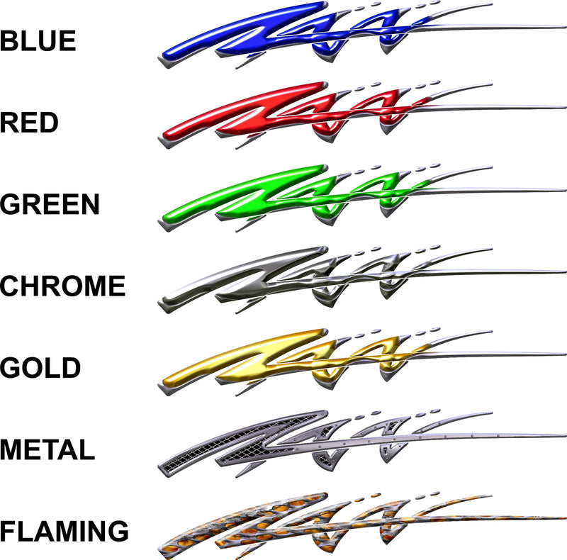 Spear Arc side decal set available in blue red green chrome gold metal and flaming styles
