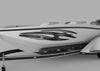 Speed boat with Tribal zion carbon fiber spear vinyl graphics on port side
