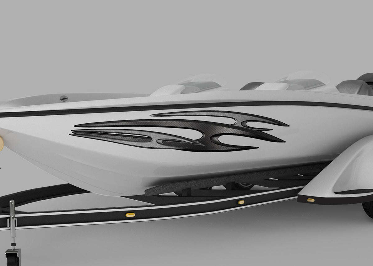 Speed boat with Tribal zion carbon fiber spear vinyl graphics on port side