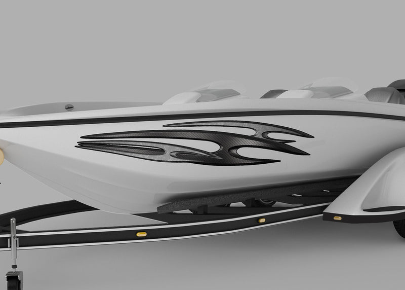 Speed boat with Tribal zion carbon fiber spear vinyl graphics on port side