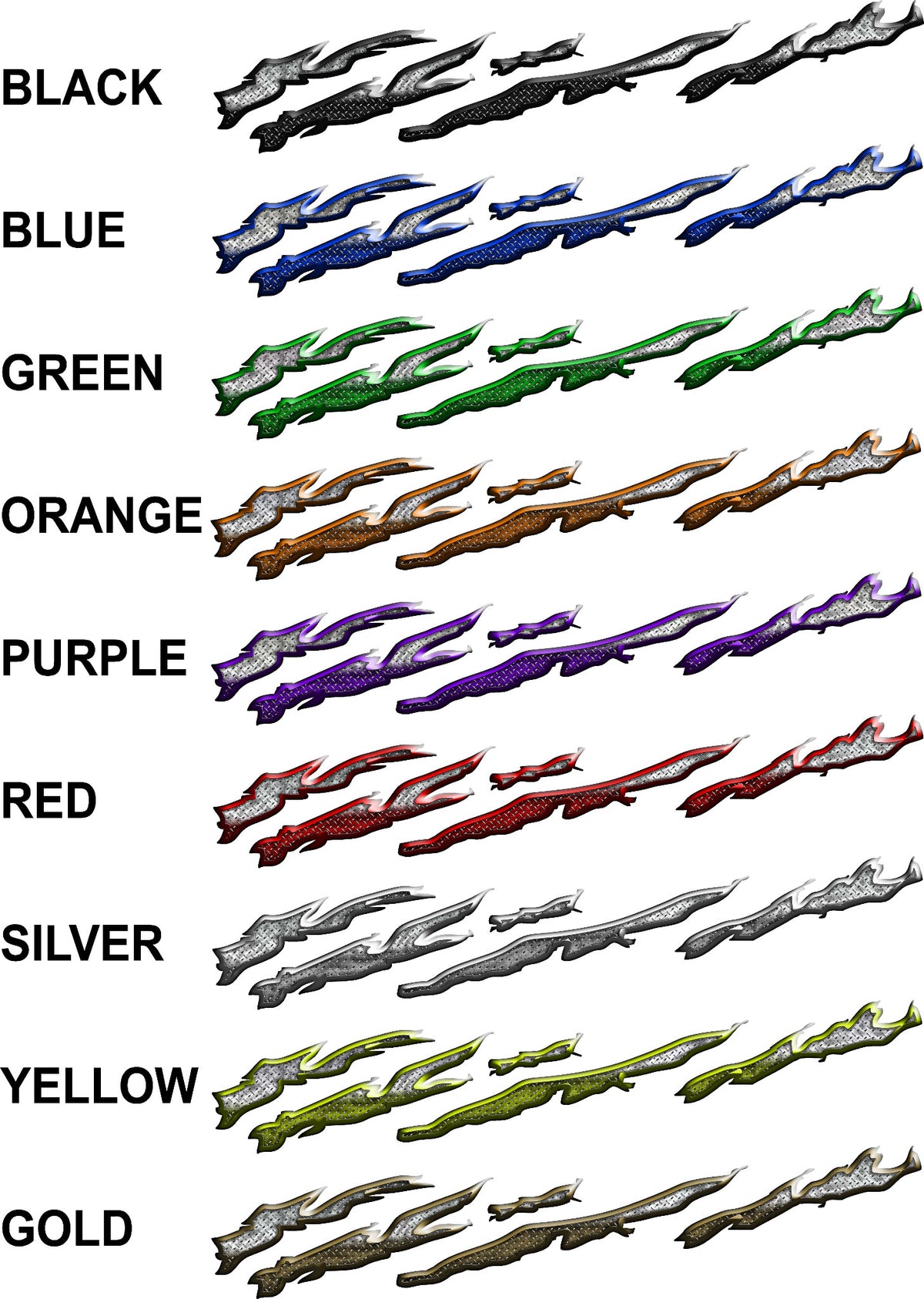 splatter diamond plate stripe decal color options showing nine different colors with diamond plate texture finish and layered stripe layout
