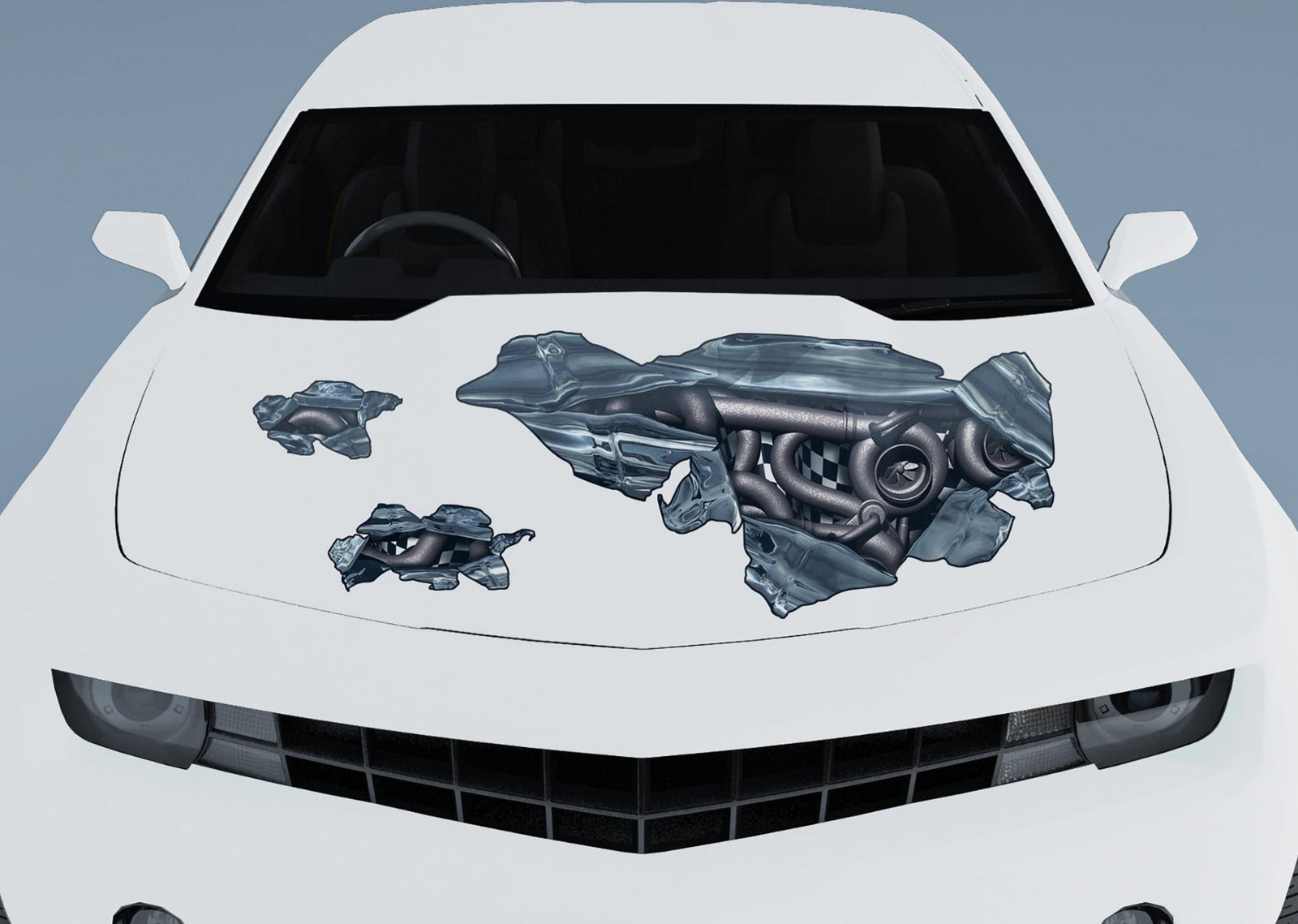 Steampunk hood tear decal installed on white car hood with chrome ripped metal effect and mechanical pipes