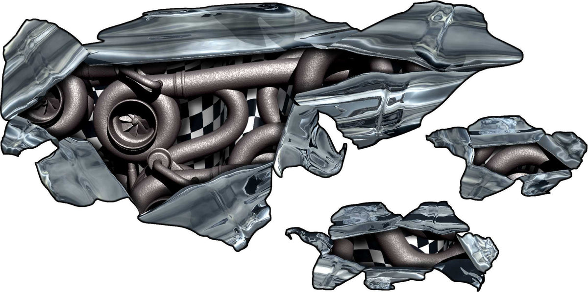 Steampunk hood tear decal set showing one large rip piece and two smaller rip pieces on white background