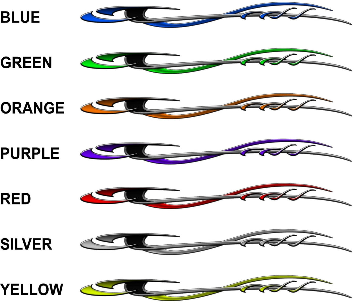 Storm boat side decals in seven colors blue green orange purple red silver and yellow