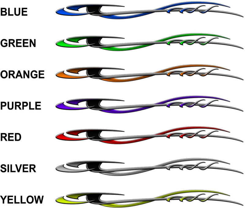 Storm boat side decals in seven colors blue green orange purple red silver and yellow