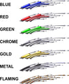 Style chart showing Blue Red Green Chrome Gold Metal and Flaming Mud Splash decals