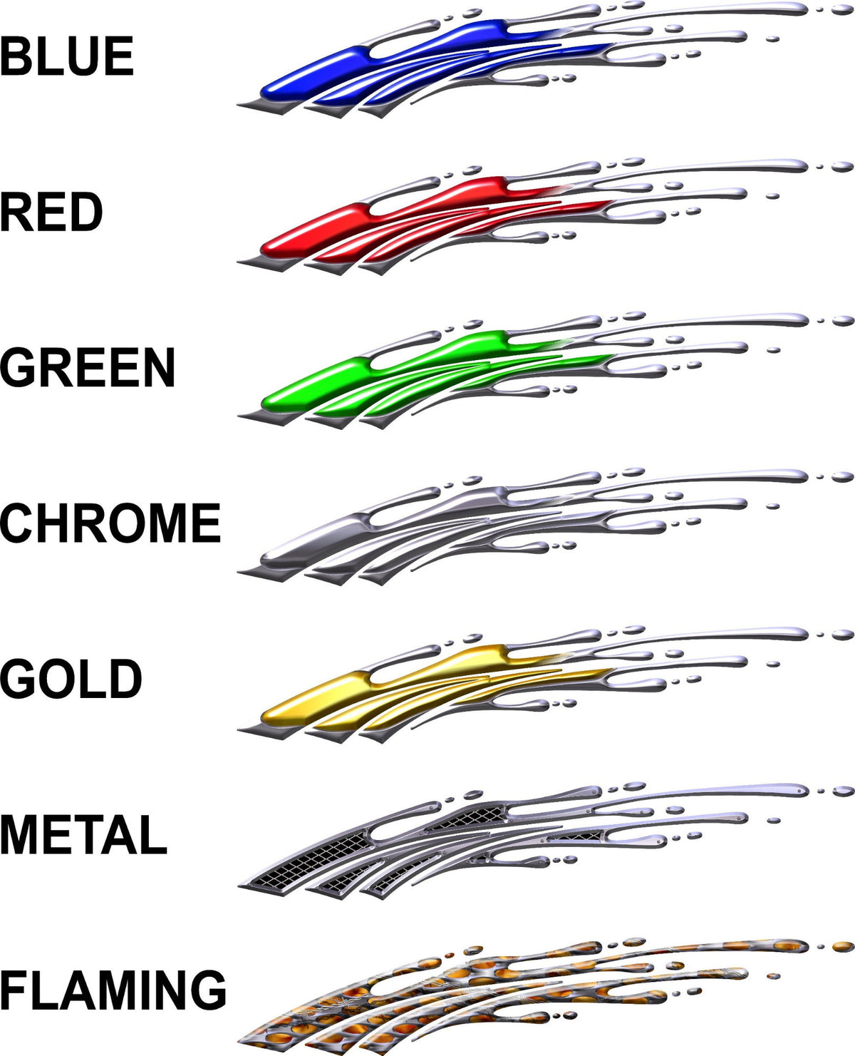 Style chart showing Blue Red Green Chrome Gold Metal and Flaming Mud Splash decals