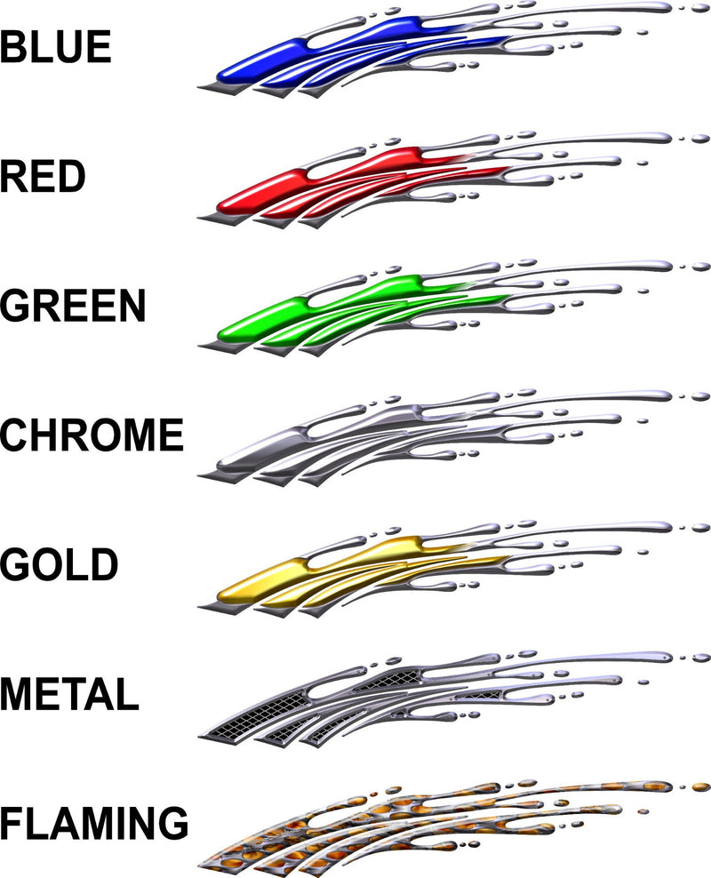 Style chart showing Blue Red Green Chrome Gold Metal and Flaming Mud Splash decals