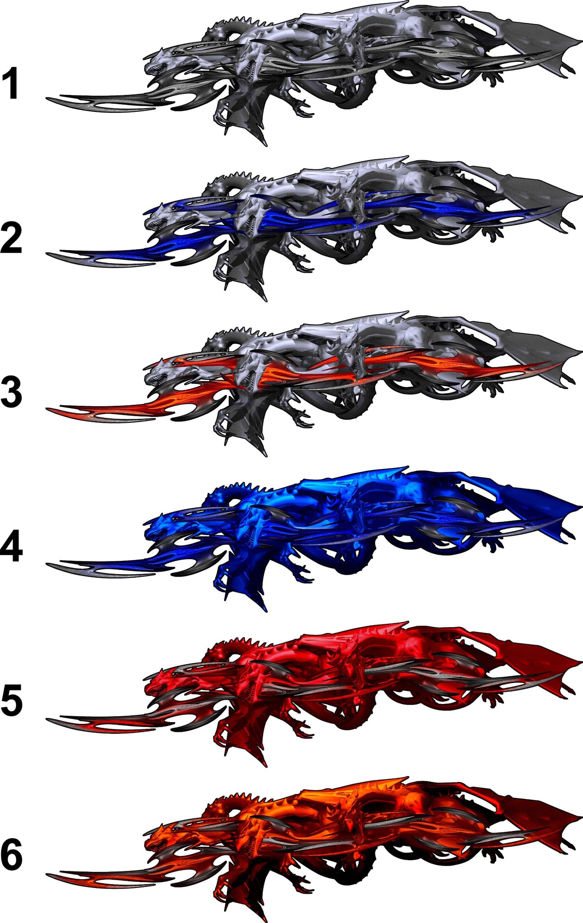 Tribal Dragons truck decal color styles 1 to 6 in grey, blue, red, orange and full-color dragon variations