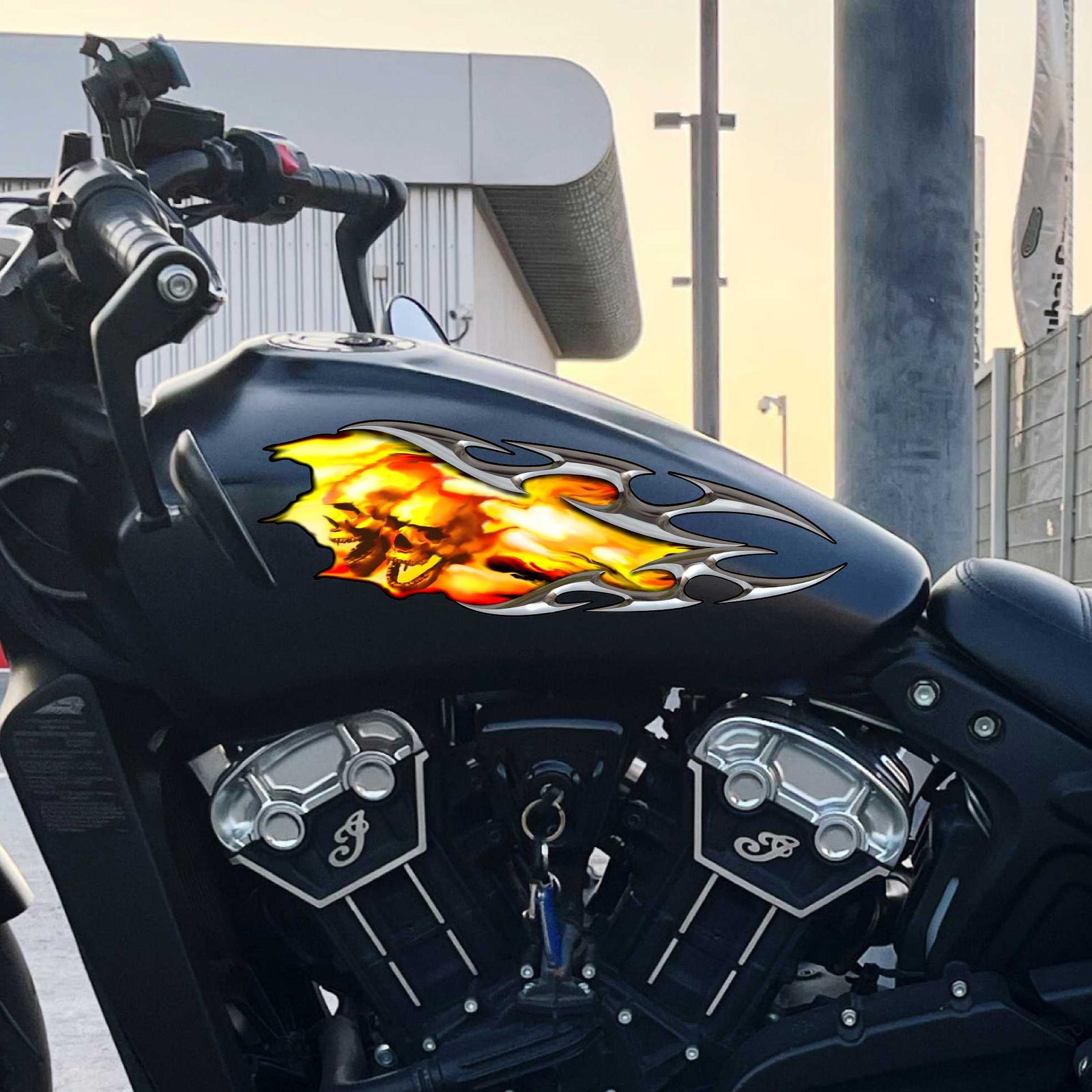 Tribal Fiery Skulls decal on black motorcycle gas tank
