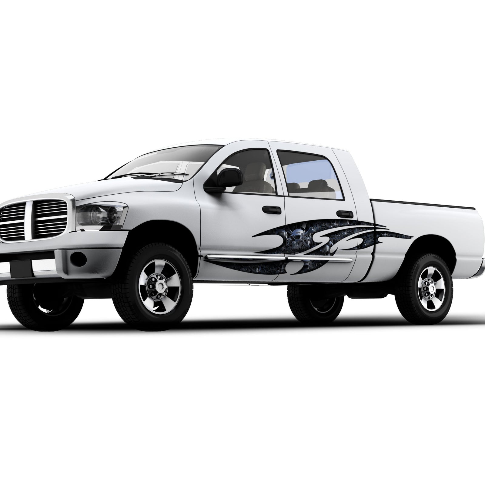 Tribal chrome skulls decals on the side of pickup truck