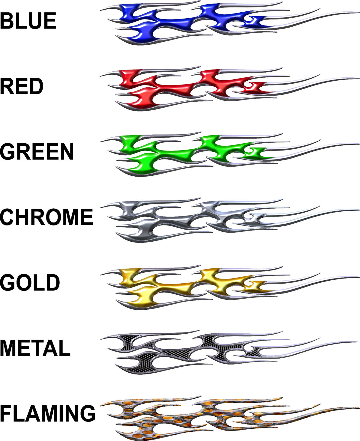 Tribal flames vinyl decal set for cars and trucks in blue red green chrome gold metal and flaming styles