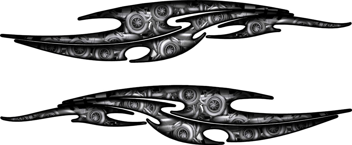 Tribal steampunk vinyl decal set of 2 with black outline and mechanical pattern fill