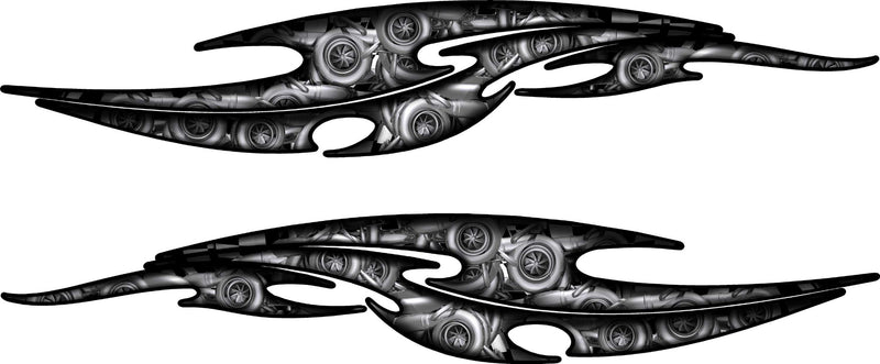 Tribal steampunk vinyl decal set of 2 with black outline and mechanical pattern fill
