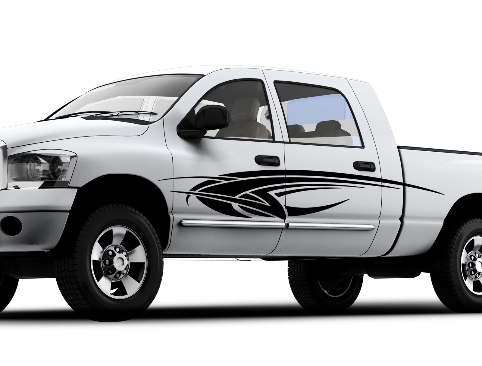 Tribal comet vinyl graphics on the side of white truck