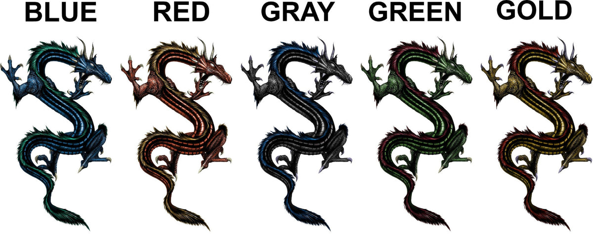 Vertical dragon hood decal in blue, red, gray, green and gold printed vinyl color options