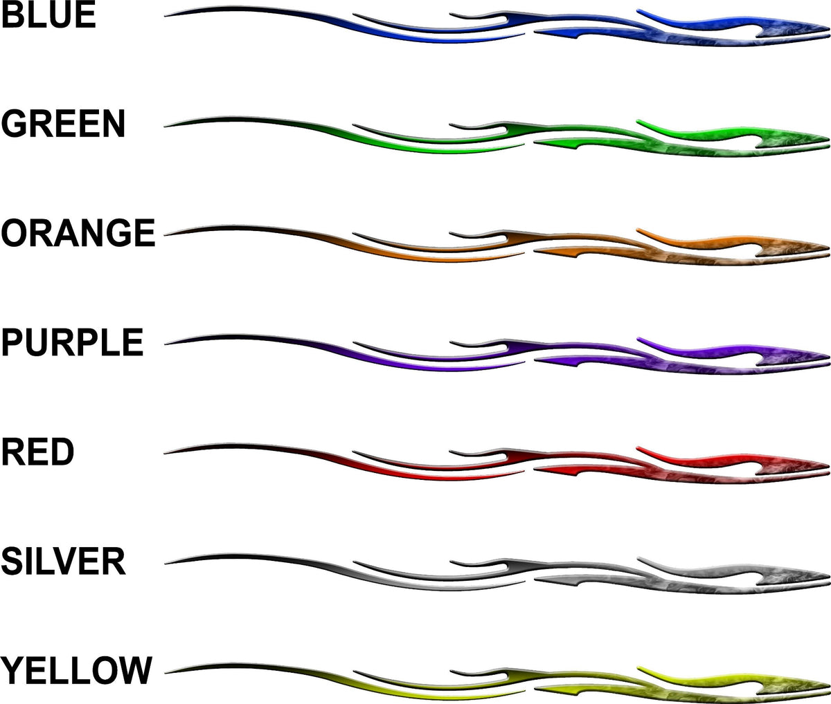 Viper swirl stripe decals shown in blue, green, orange, purple, red, silver and yellow with color names listed beside each pair