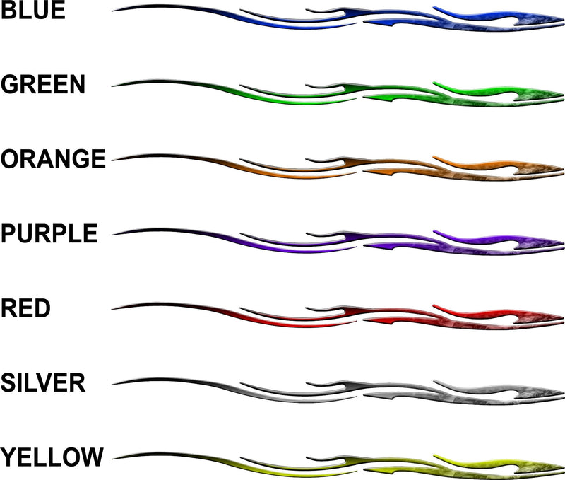 Viper swirl stripe decals shown in blue, green, orange, purple, red, silver and yellow with color names listed beside each pair