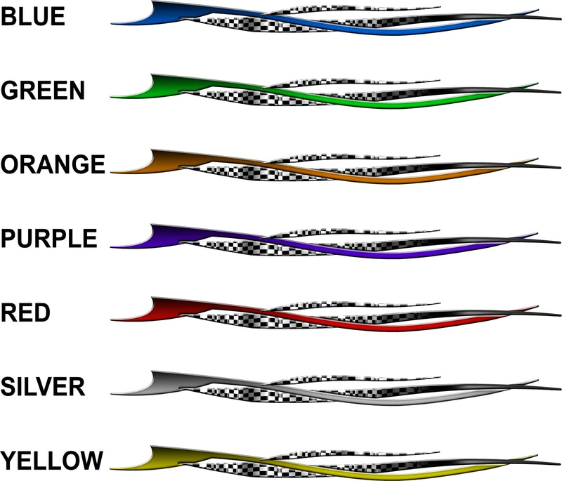 Set of vinyl vehicle graphics in 7 colors with color labels next to each.