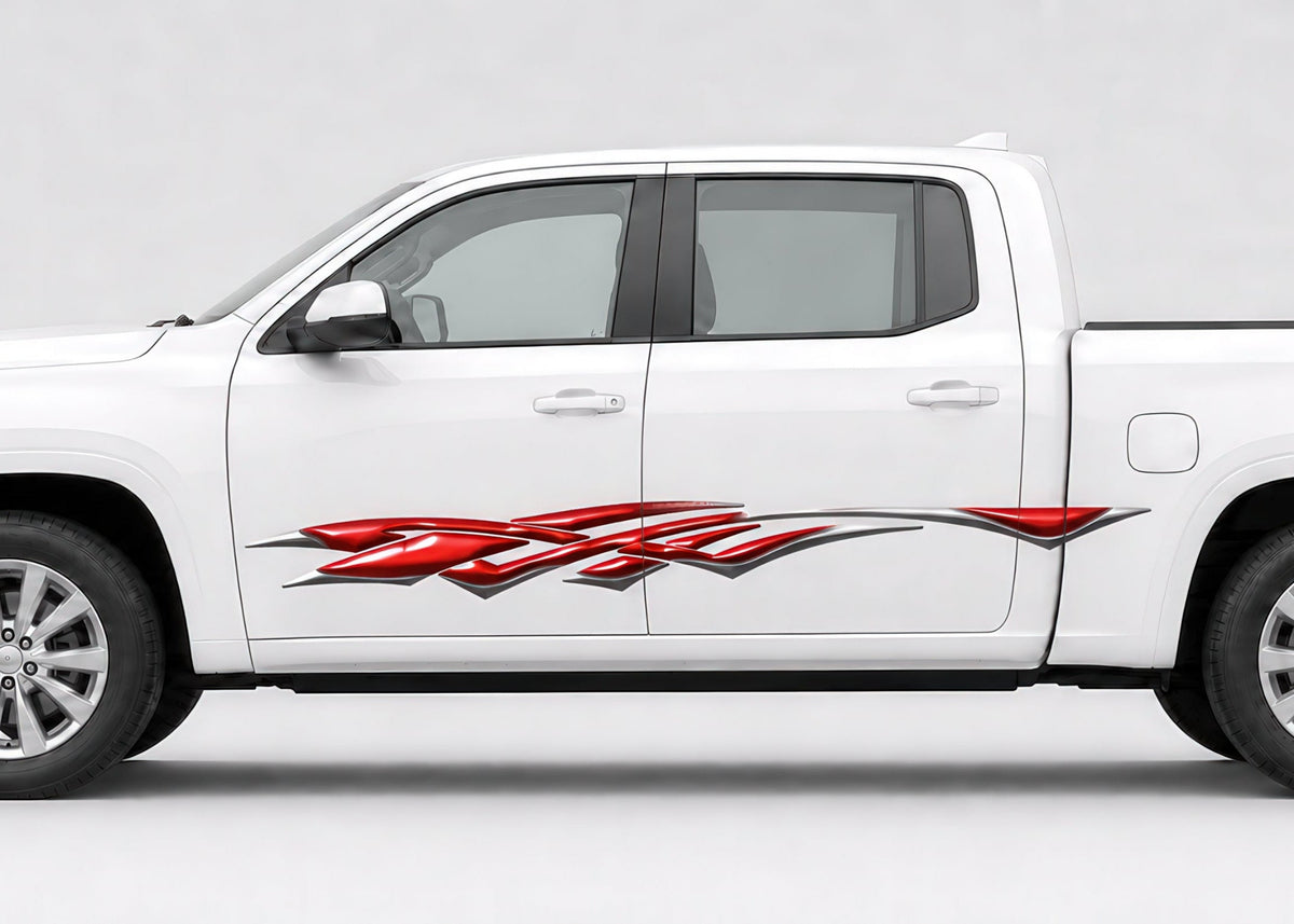 White four-door pickup truck with a glossy red and silver shard-style vinyl decal displayed along the driver side.-topaz-low resolution v2-2x