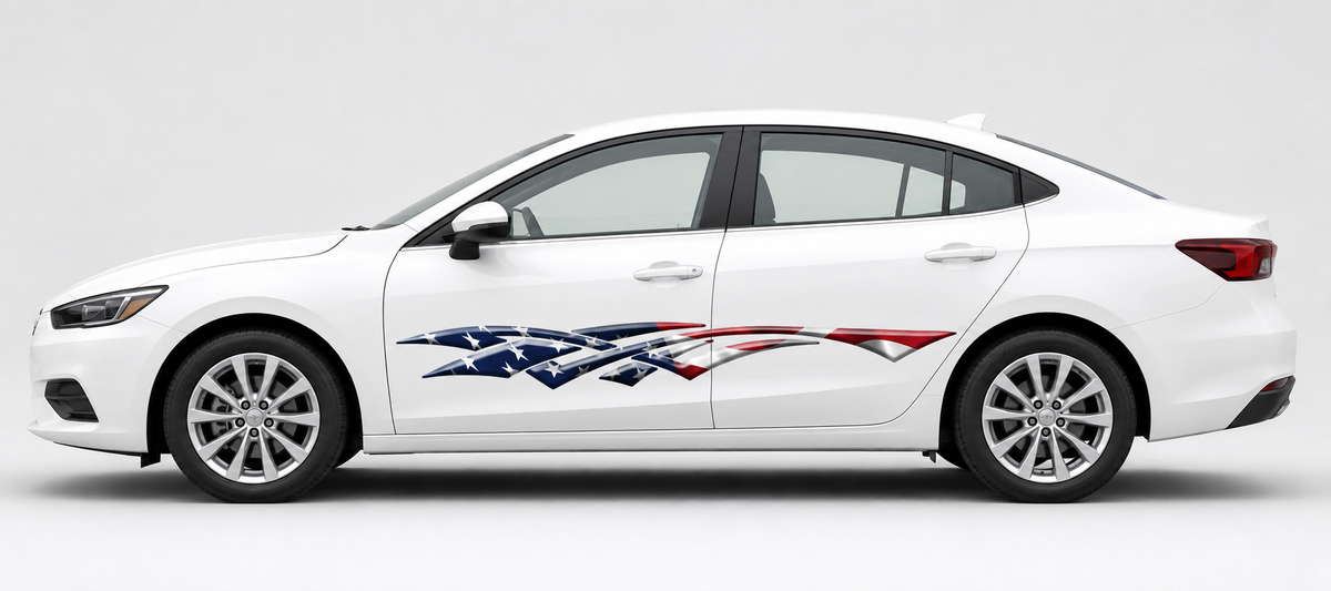 A white sedan shown in side profile on a light gray studio background, with a stylized American flag decal in red, white, and blue applied along the lower side panel.