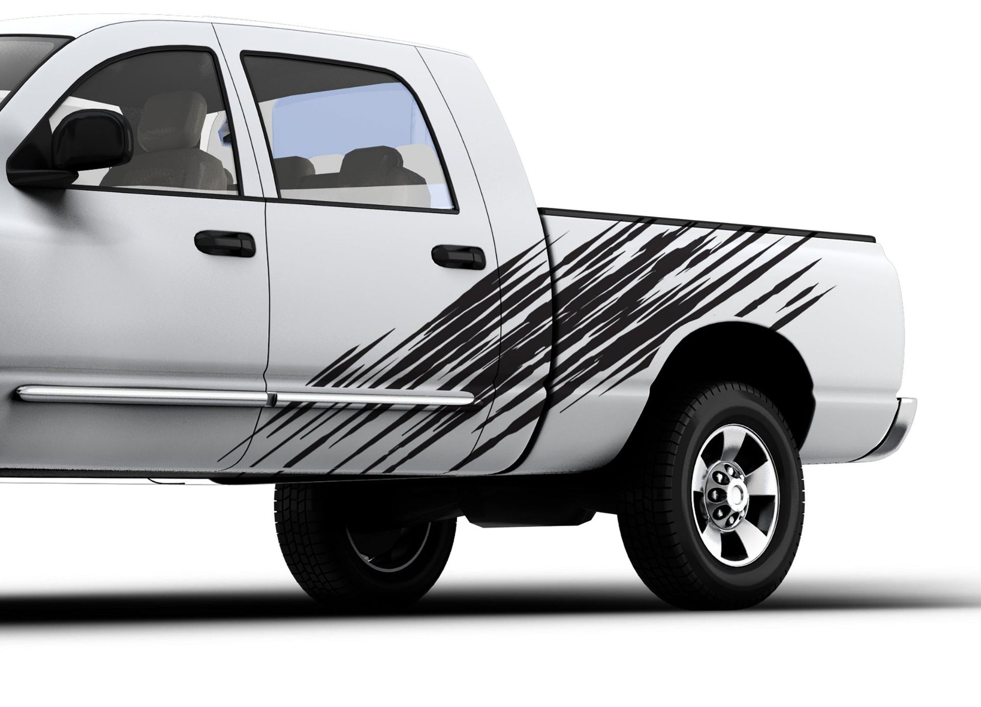 white truck with scratch vinyl stripes decals on its driver side