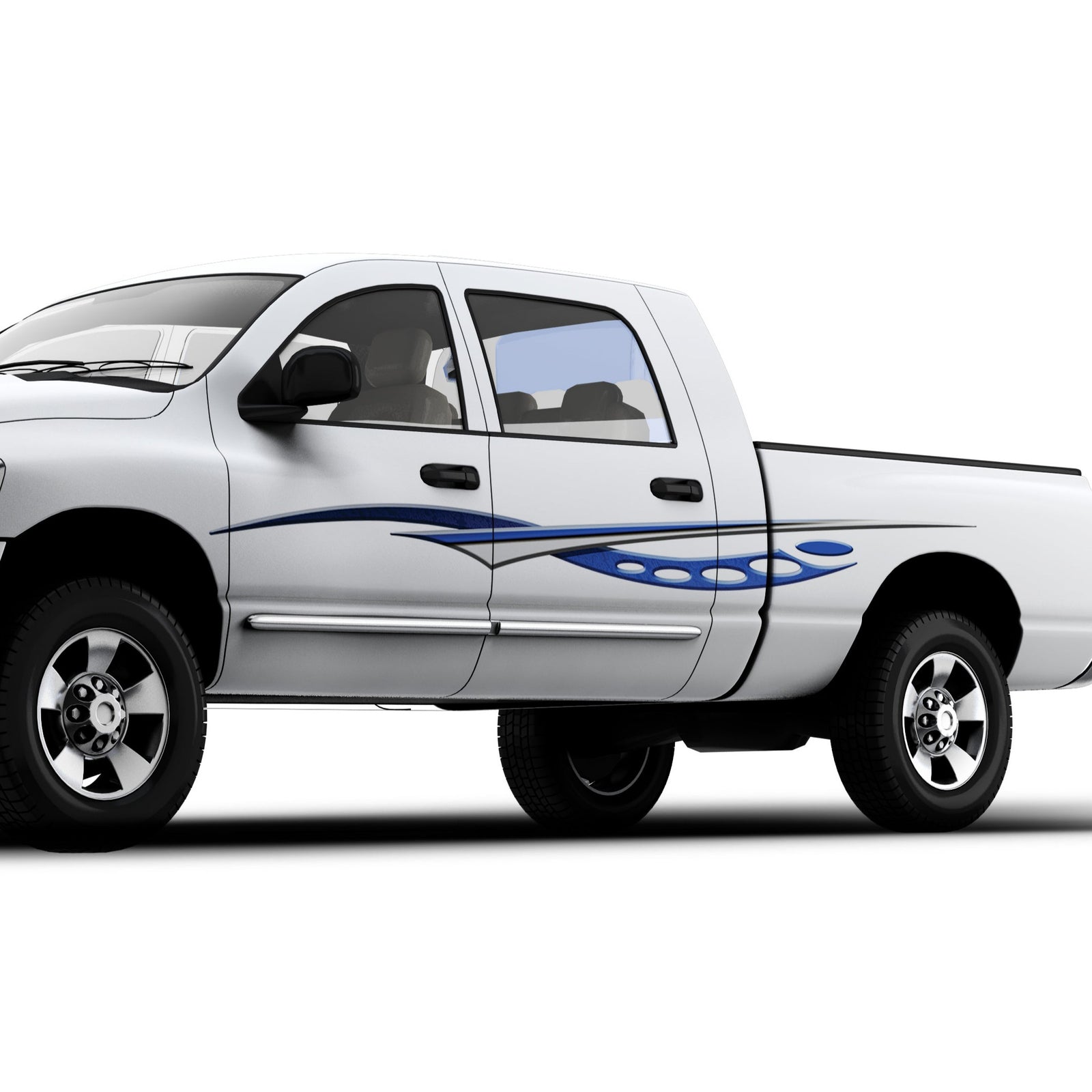 White pickup truck with cosmos blue stripe graphics on the side 