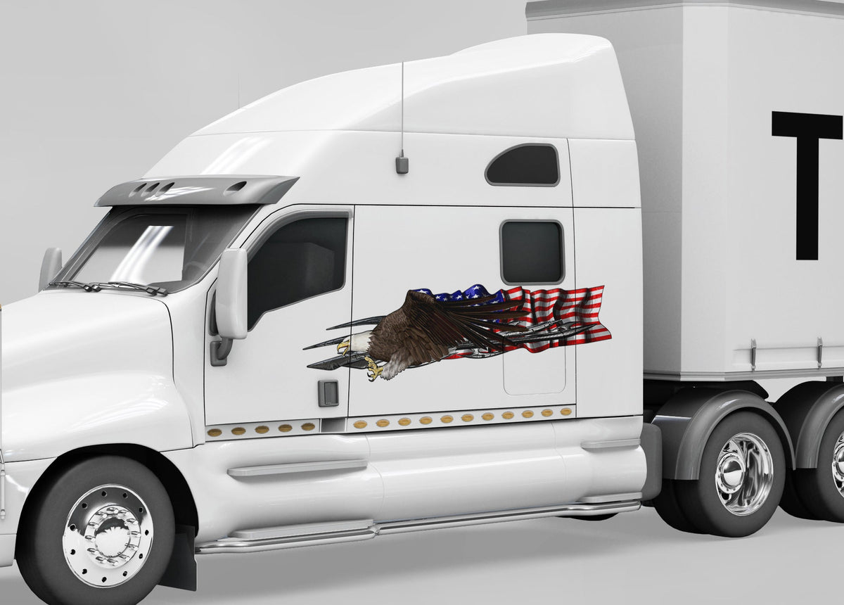 White semi truck with a bald eagle american flag design on the driver side