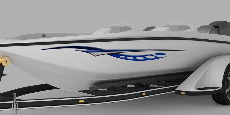 White speedboat on a trailer with blue cosmos vinyl graphics against a gray background