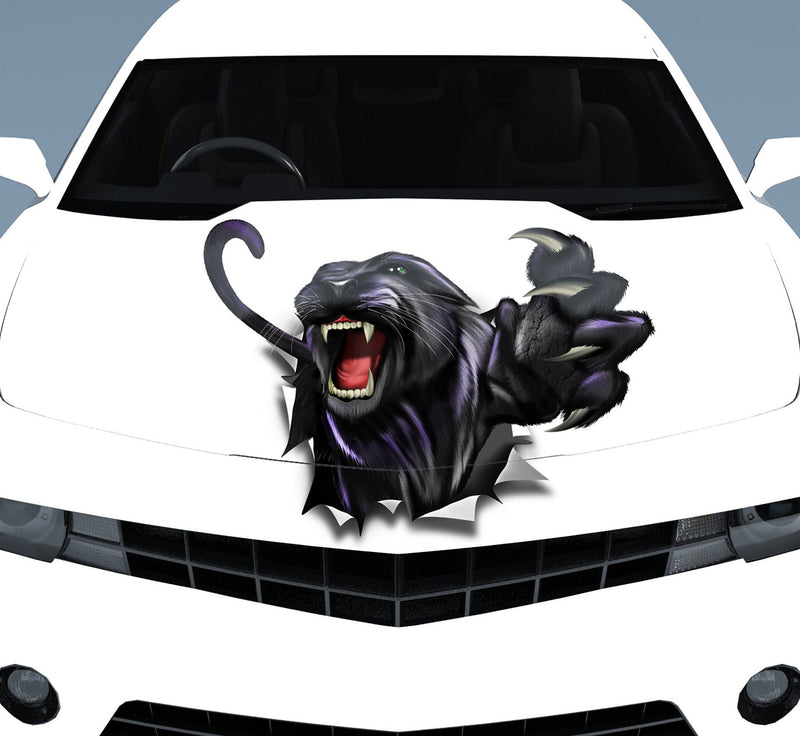White sports car with panther ripping through metal vinyl hood decal centered on front