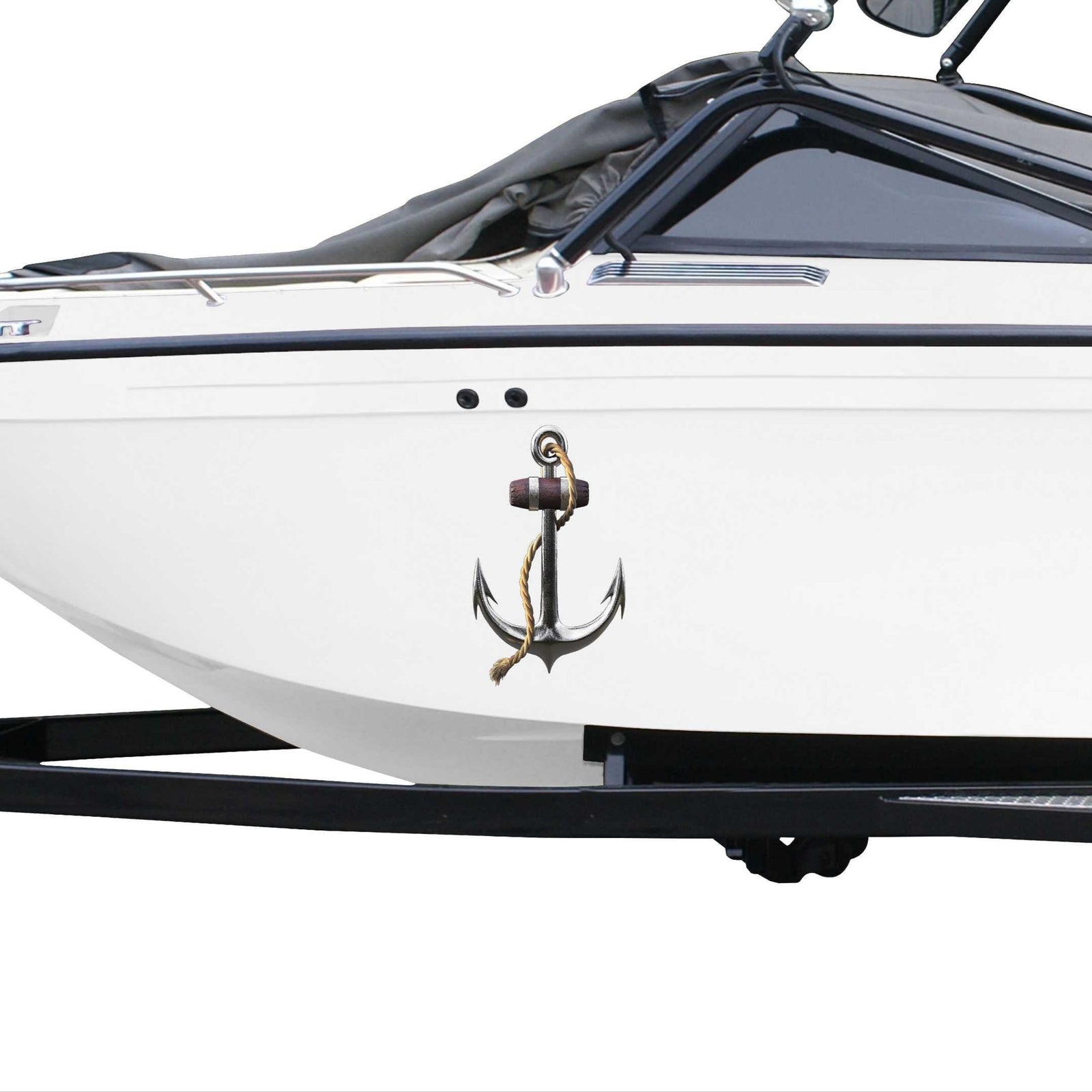 White boat with Silver anchor decal on the side of it