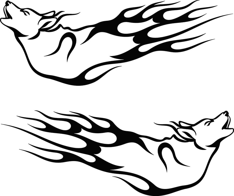 Wolf Flames vinyl boat decals shown as mirrored left and right side graphics