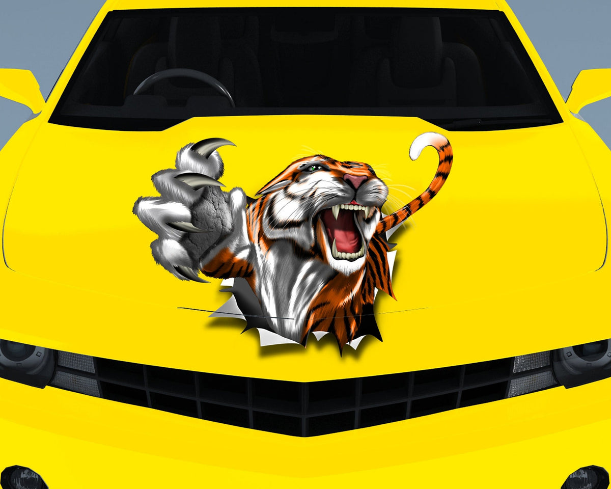 Yellow sports car with tiger ripping through metal vinyl hood decal centered on front