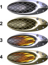 Four air scoop illusion car decals in silver, gold, silver with flames, and gold with flames, labeled 1–4 on white background.