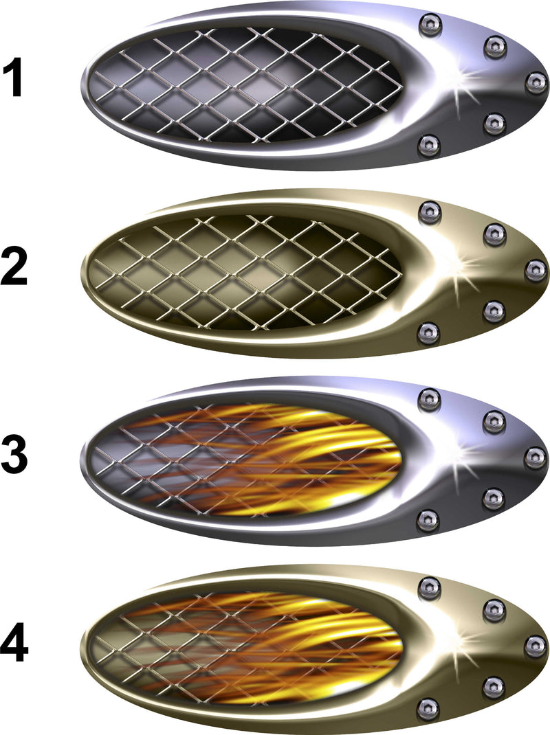 Four air scoop illusion car decals in silver, gold, silver with flames, and gold with flames, labeled 1–4 on white background.