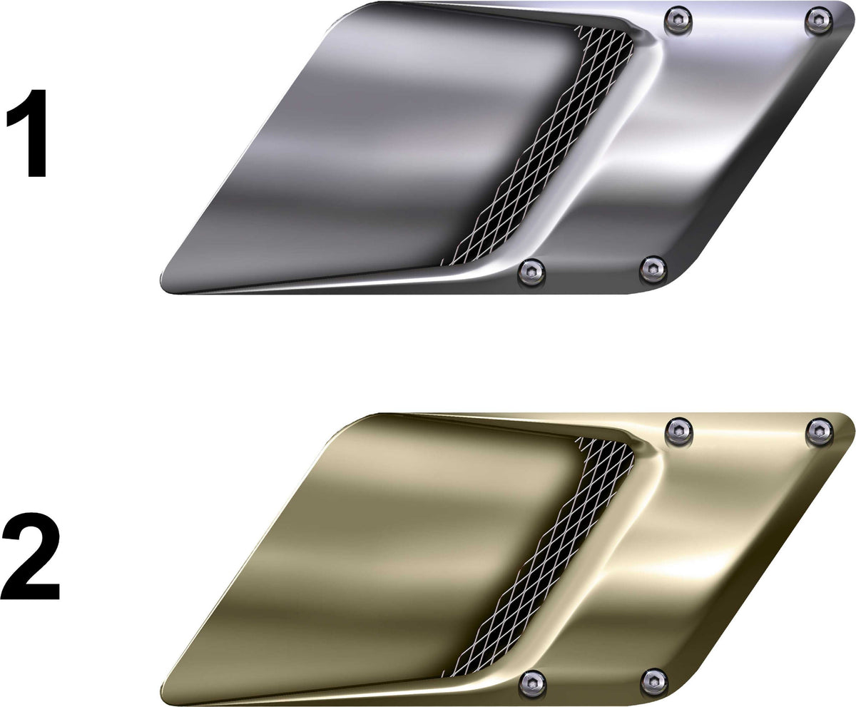 Two square air scoop illusion decals for cars—silver and gold variations, labeled 1 and 2 on white background.