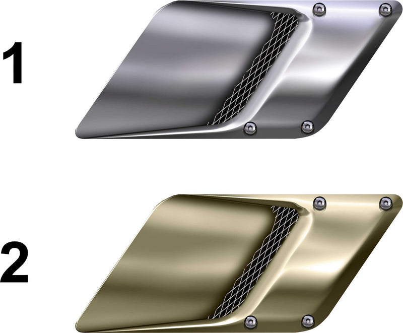 Two square air scoop illusion decals for cars—silver and gold variations, labeled 1 and 2 on white background.