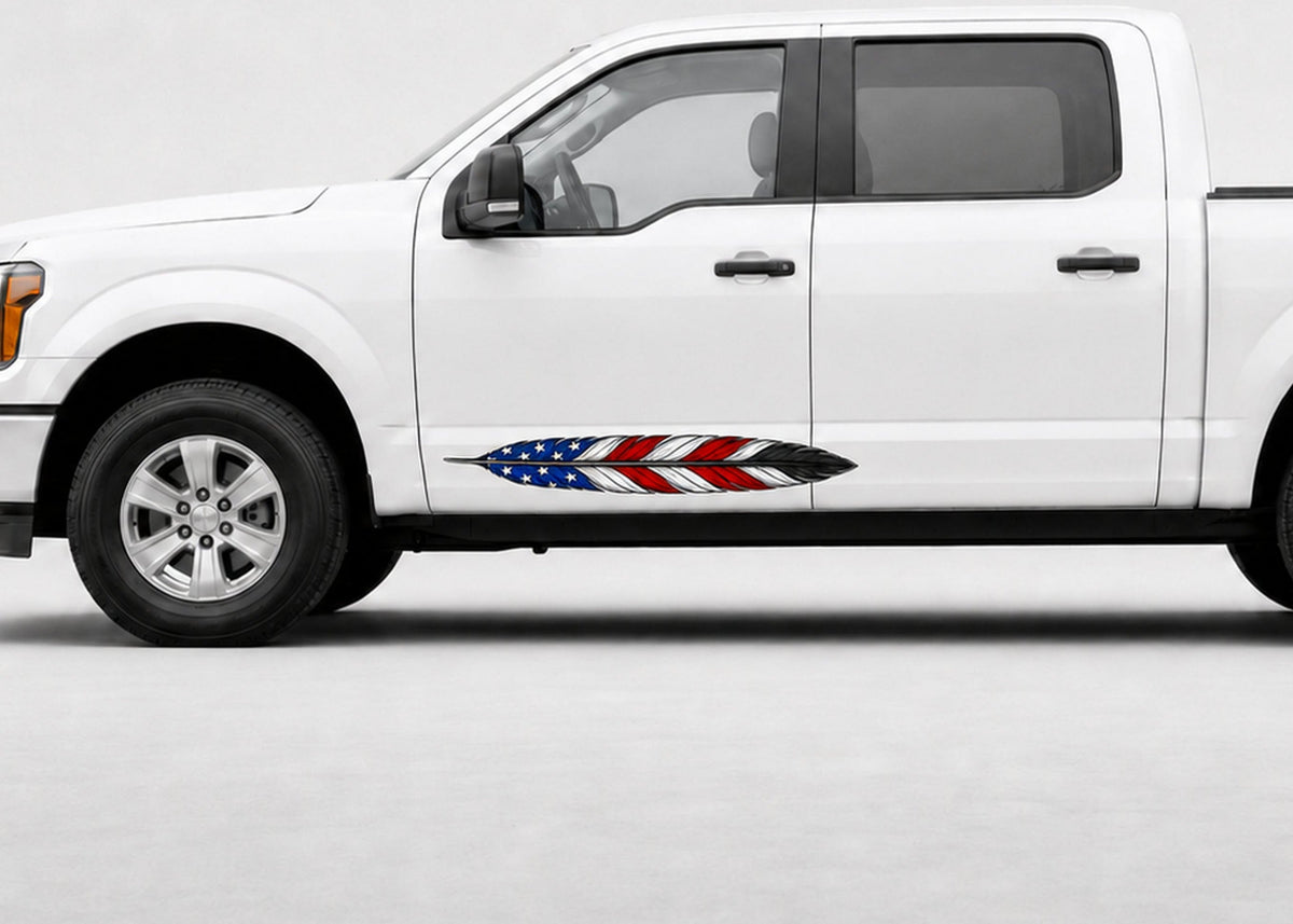 A white Ford pickup truck shown in a side profile view against a light gray studio background, featuring a red, white, and blue American flag feather decal on the lower side of the front door.