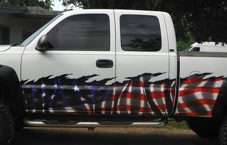 USA flag vinyl wrap on white truck