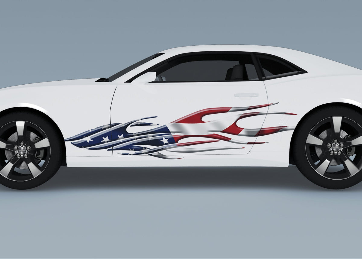 Patriotic flames vinyl decal on driver side of white camaro 