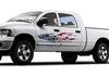 white truck with American flag flames vinyl graphics on driver side