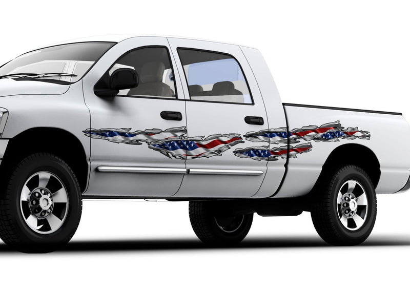 White pickup truck with American flag tears decal on driver side