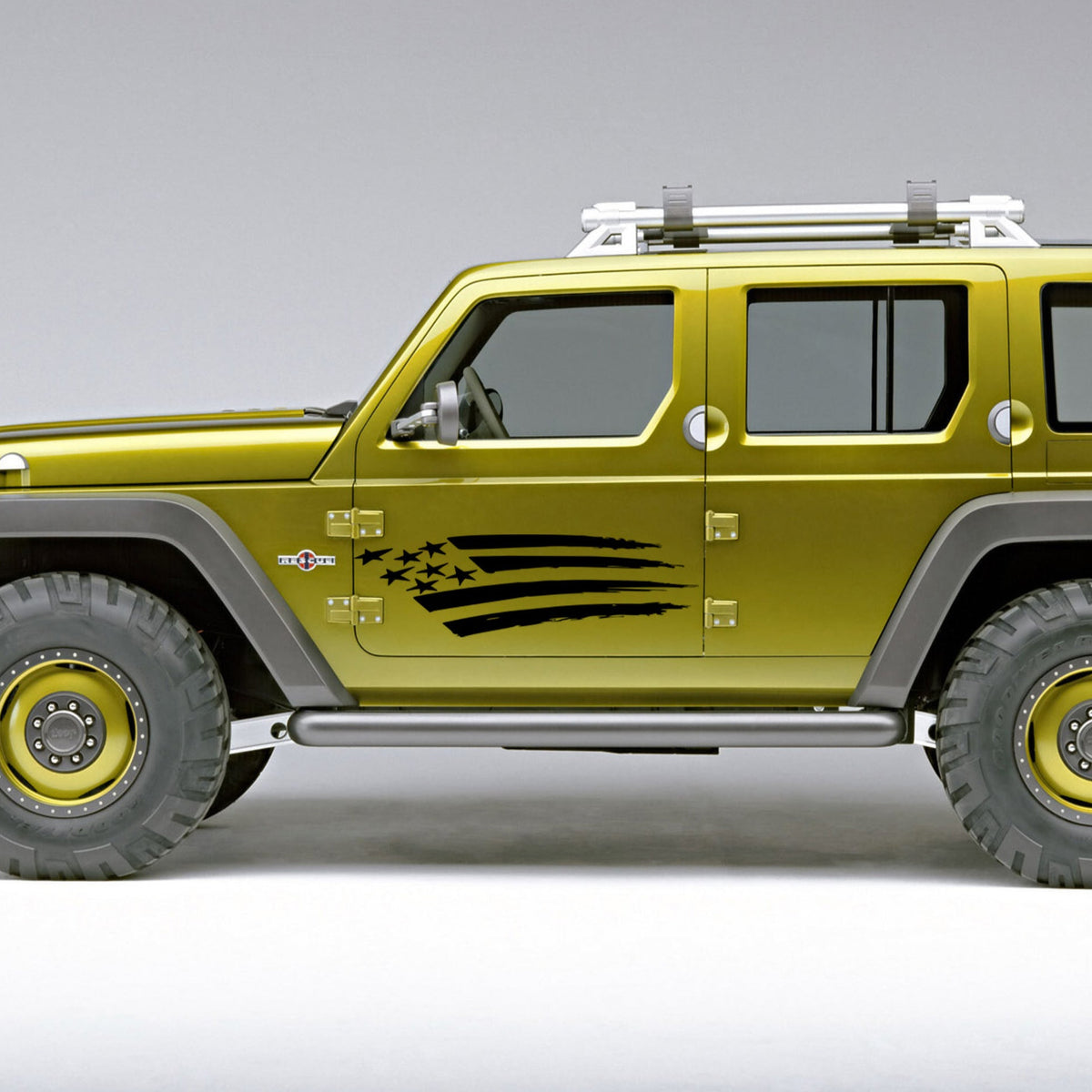 Gold off road vehicle with distressed usa flag decal on its door 