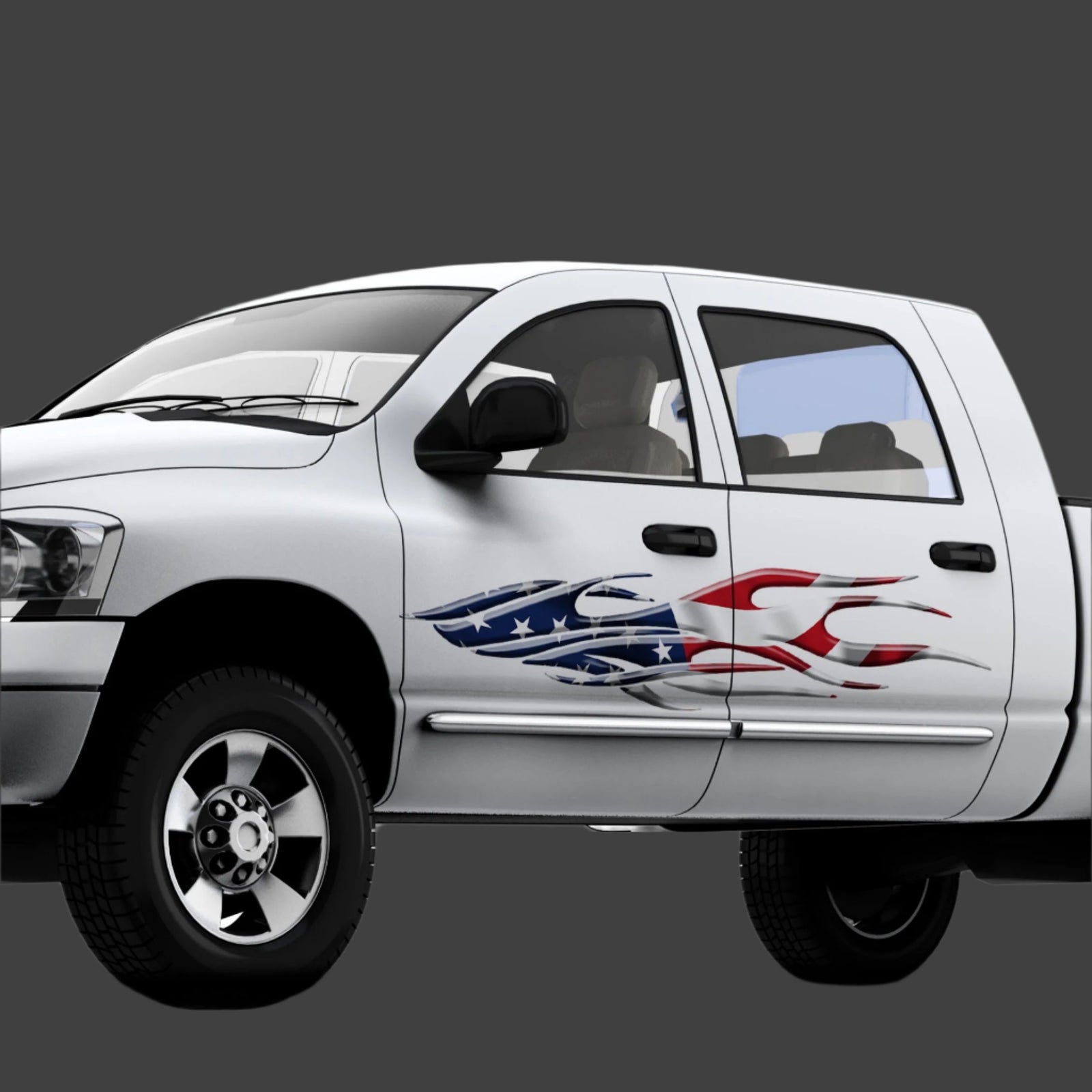 american flag flames vinyl graphics on the side of white truck